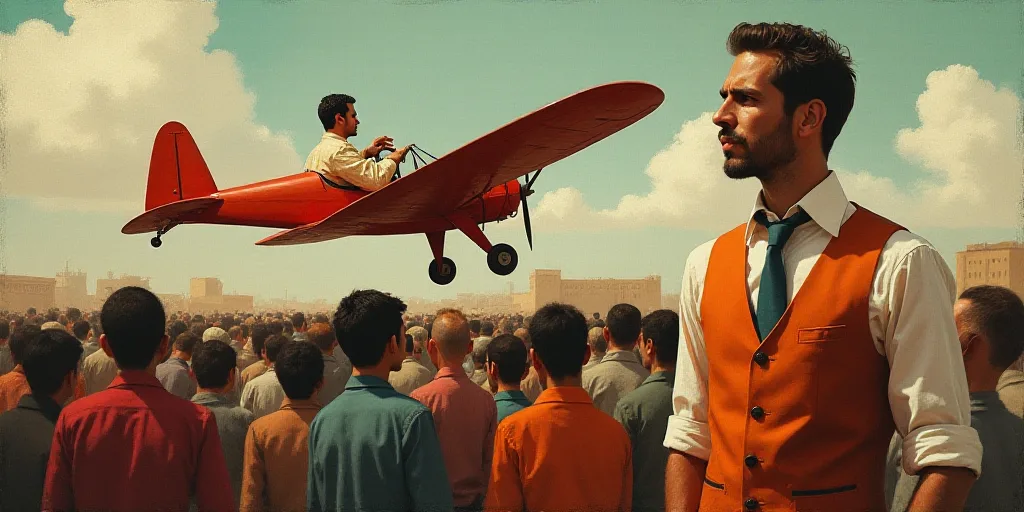 a man in a small airplane with a crowd of people behind him and a man in a vest and tie, Antônio Pa