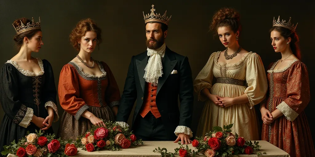 a man in a suit and crown standing next to other people in formal wear and flowers and a table, Bour