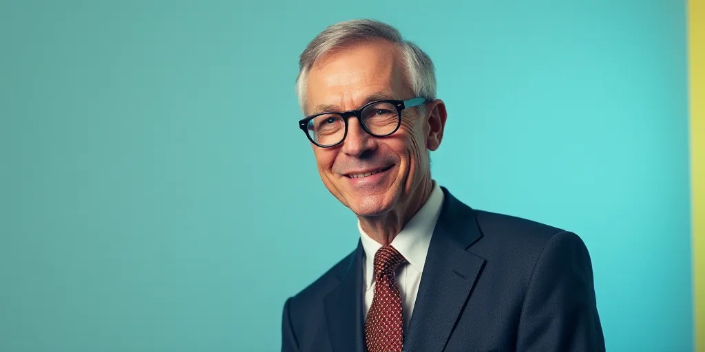 a man in a suit and glasses is smiling for the camera with a blue background and a yellow border, Ed