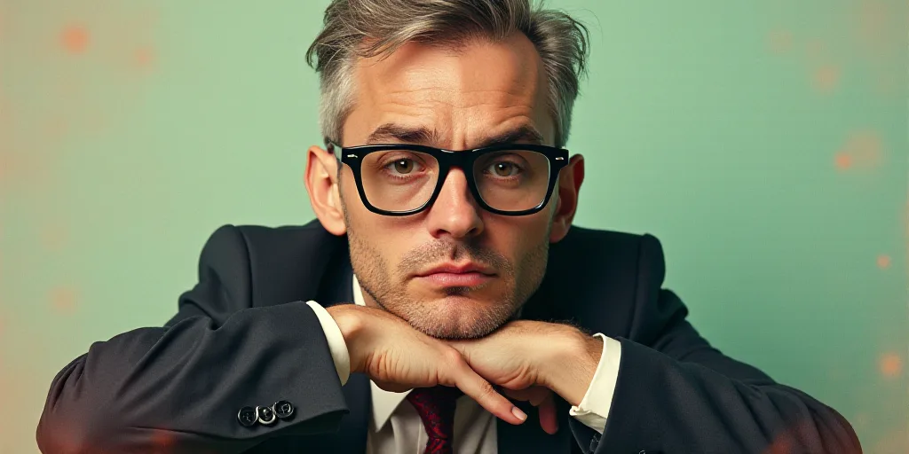 a man in a suit and glasses is posing for a picture with his hands on his chins and his chin resting