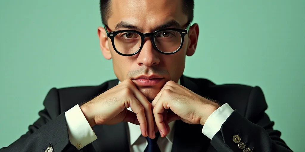 a man in a suit and glasses is posing for a picture with his hands on his chins and his chin resting