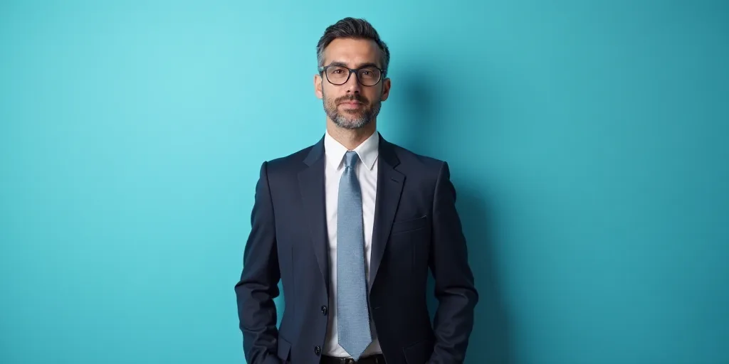 a man in a suit and glasses standing in front of a blue background with a black and white photo, Est