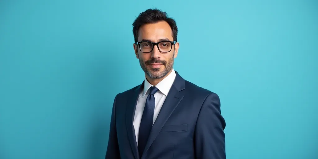 a man in a suit and glasses standing in front of a blue background with a black and white photo, Est