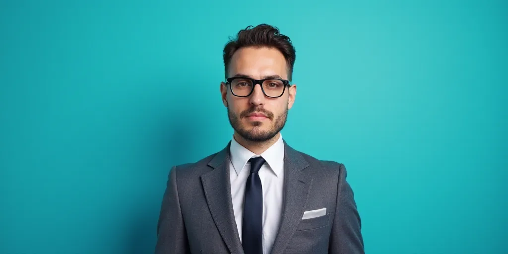 a man in a suit and glasses standing in front of a blue background with a black and white photo, Est