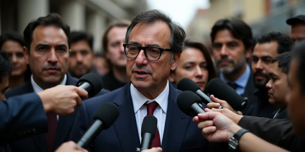 a man in a suit and glasses surrounded by people holding microphones and talking to the camera man i