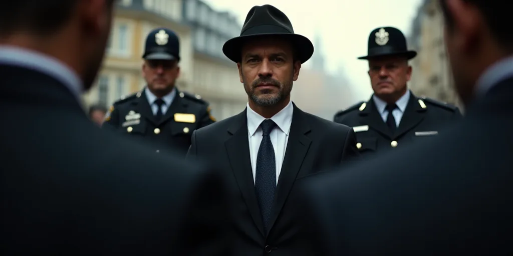 a man in a suit and hat is surrounded by police officers and a man in a suit and tie, De Hirsh Margu