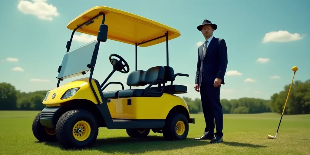 a man in a suit and hat standing next to a golf cart with a yellow top on it and a yellow golf club,