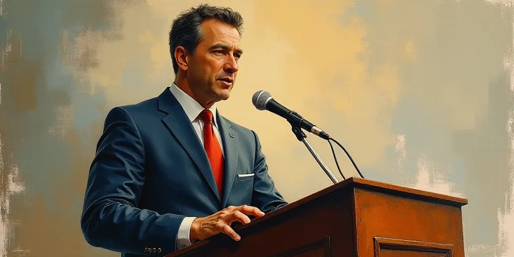 a man in a suit and tie giving a speech at a podium with a microphone in front of him, Eduardo Lefeb
