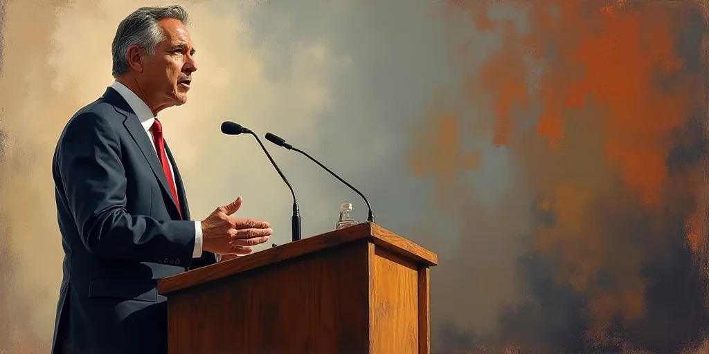 a man in a suit and tie giving a speech at a podium with a microphone in front of him, Eduardo Lefeb