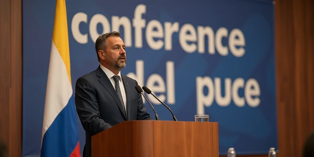 a man in a suit and tie giving a speech at a podium with a banner behind him that reads conference d