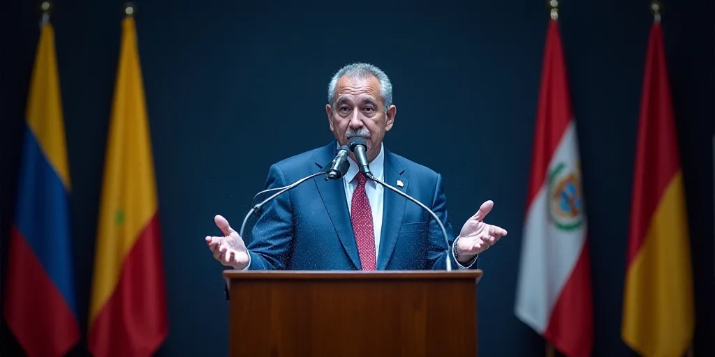 a man in a suit and tie giving a speech at a podium with flags behind him and a microphone in front