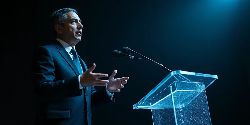 a man in a suit and tie giving a speech at a podium with a microphone in front of him, Alejandro Obr