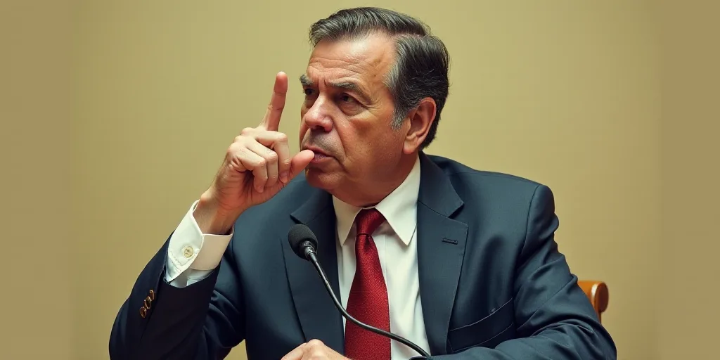 a man in a suit and tie holding his finger up to his mouth while sitting in front of a microphone, C