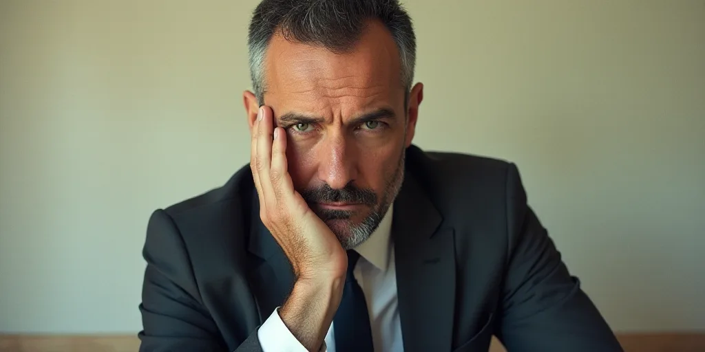 a man in a suit and tie holding his hand to his face with a serious look on his face, Carlos Catasse