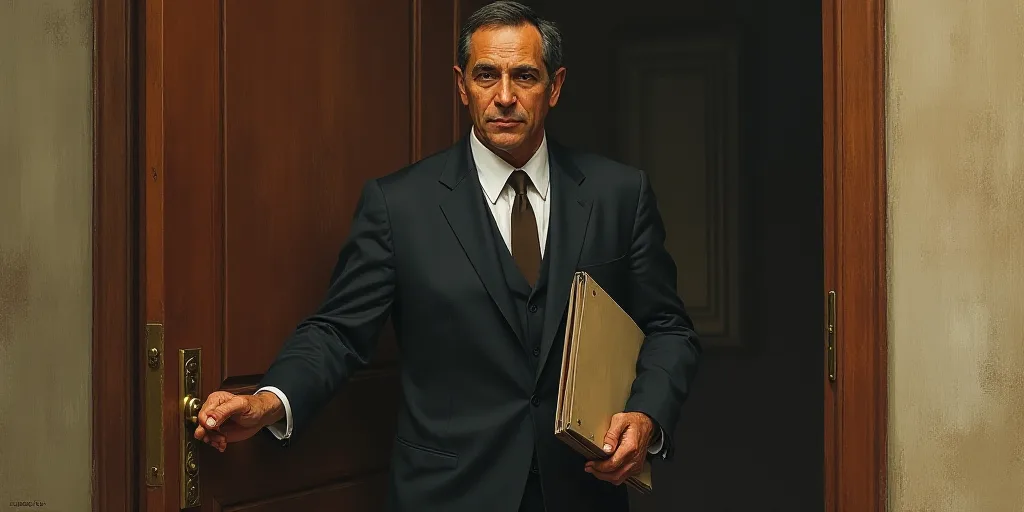 a man in a suit and tie holding a folder in his hand and looking out of a doorway with a door handle