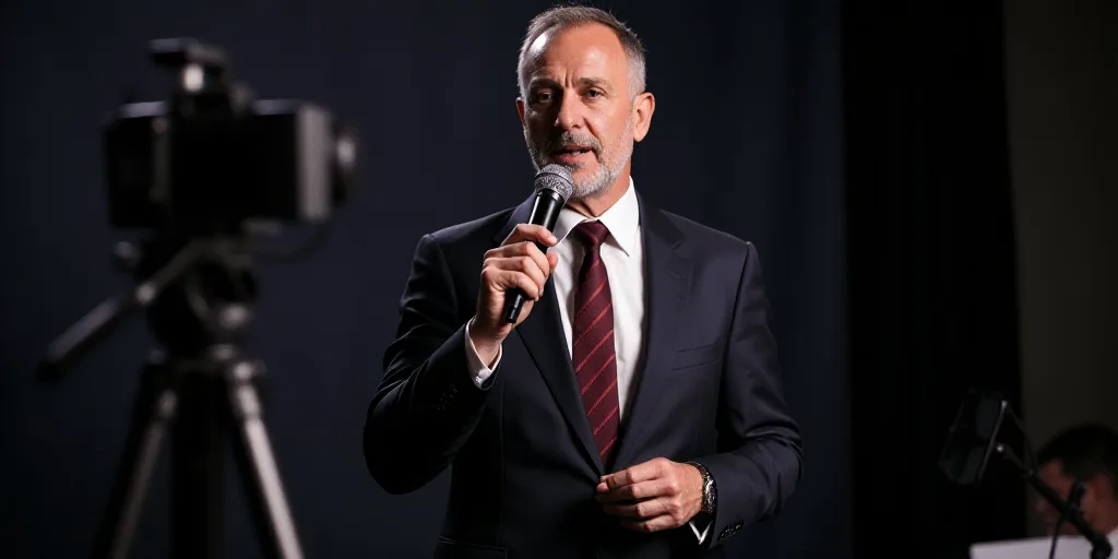 a man in a suit and tie holding a microphone in front of a backdrop with a video camera and a microp