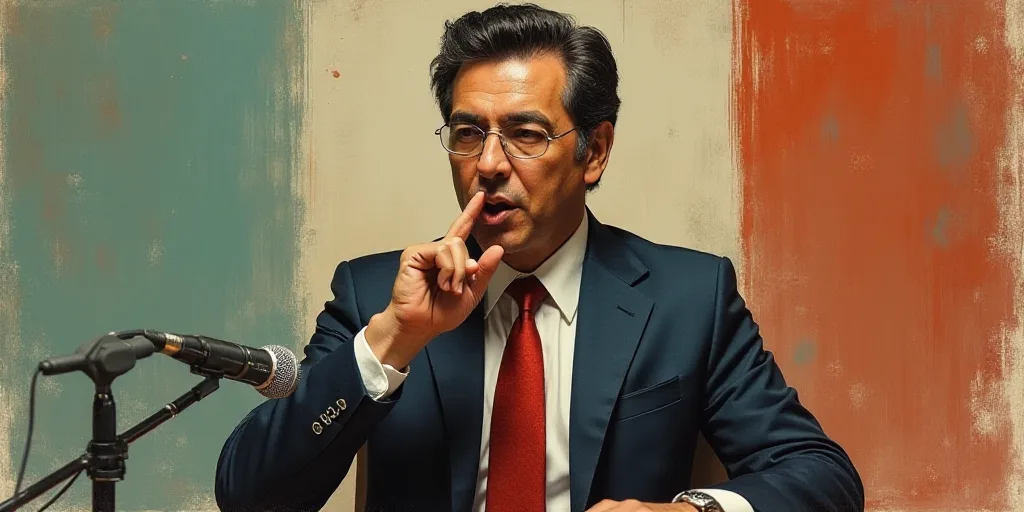 a man in a suit and tie holding his finger up to his mouth while sitting in front of a microphone, C