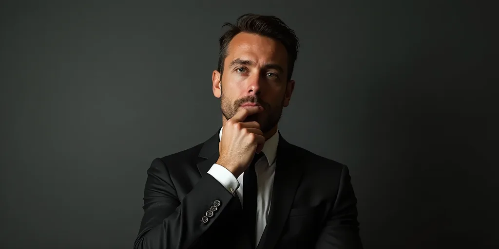a man in a suit and tie is looking away from the camera with his hand on his chin and his hand to hi