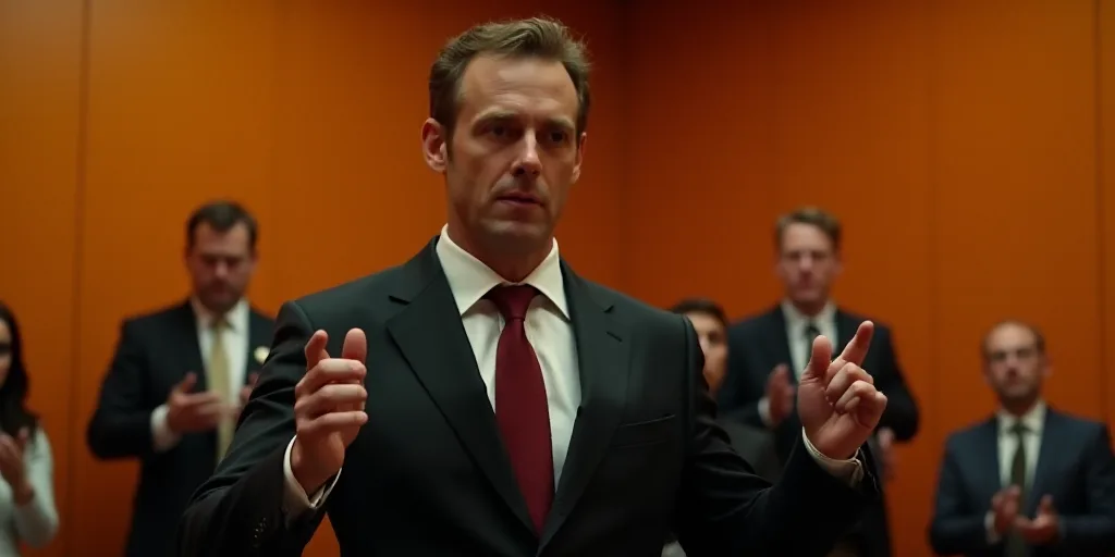 a man in a suit and tie is making a hand gesture while others are clapping in the background in a ro