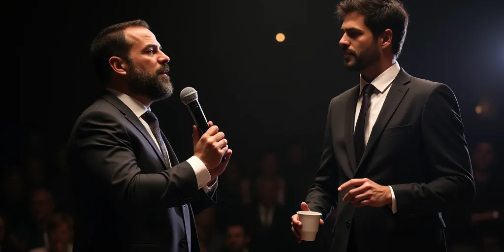 a man in a suit and tie is speaking into a microphone while holding a microphone in his hand and a m