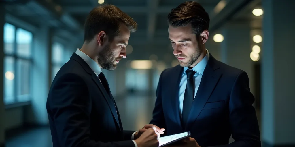 a man in a suit and tie looking at a tablet screen while another man in a suit looks at a tablet scr