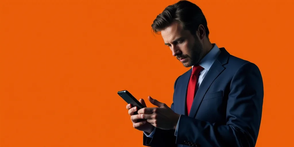 a man in a suit and tie looking down at his cell phone while wearing a red tie and a blue jacket, Do