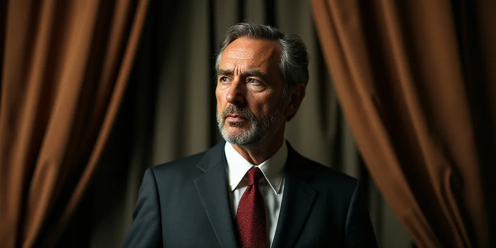 a man in a suit and tie looking at something off camera with a serious look on his face and a curtai