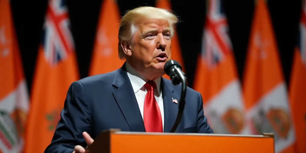a man in a suit and tie making a speech at a podium with flags behind him and a microphone in front
