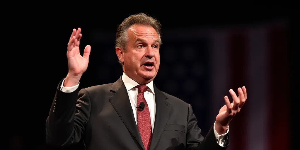 a man in a suit and tie making a hand gesture with his hands in the air while speaking at a conventi