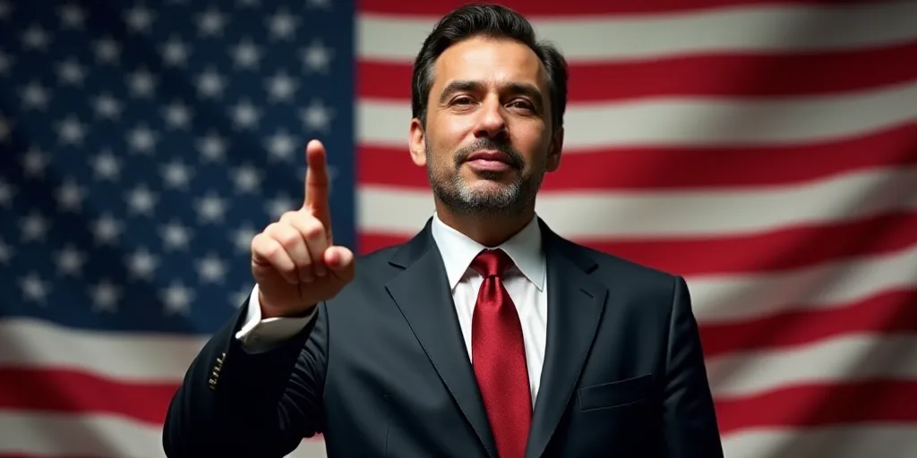 a man in a suit and tie making a point with his finger in front of a flag of the united states, Estu
