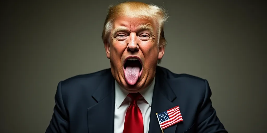 a man in a suit and tie making a face with his tongue out and a flag on his lapel, Donald Roller Wil