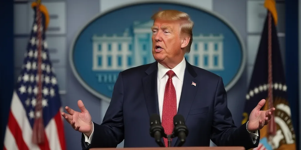 a man in a suit and tie making a speech in front of a white house sign and flags in the background,