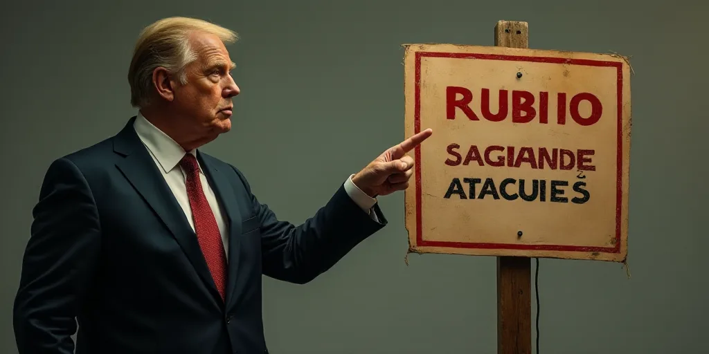 a man in a suit and tie pointing at a sign with the words rubio defende ataques de eu, Aquirax Uno,