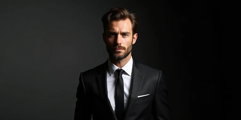 a man in a suit and tie posing for a picture with a gray background and a black background behind hi