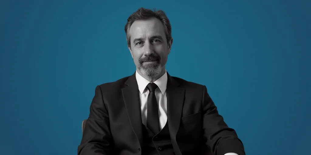 a man in a suit and tie sitting down with a blue background and a black and white photo of him, Cán