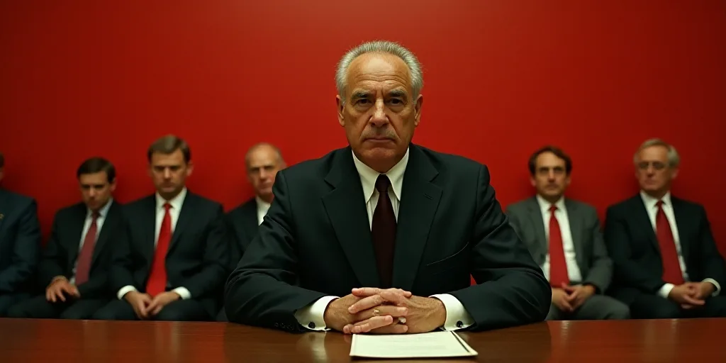 a man in a suit and tie sitting at a table with other people behind him and a red wall behind him, A