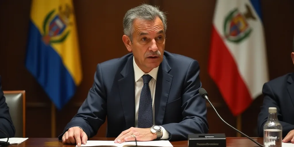 a man in a suit and tie sitting at a table with a microphone in front of him and a flag behind him,