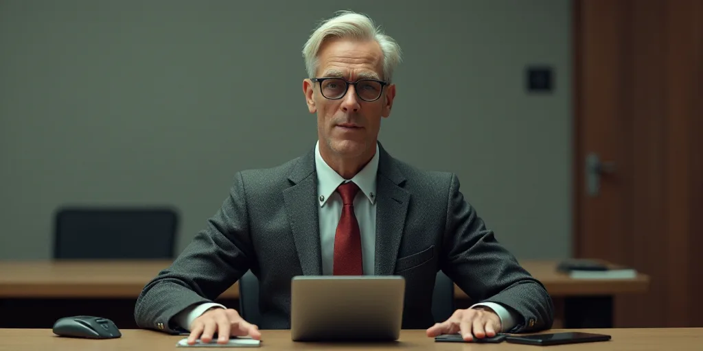 a man in a suit and tie sitting at a desk with a laptop and a phone in front of him, Andries Both, c