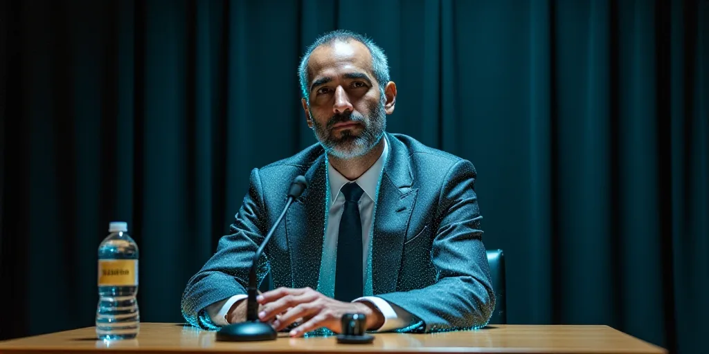a man in a suit and tie sitting at a table with a microphone in front of him and a sign behind him,