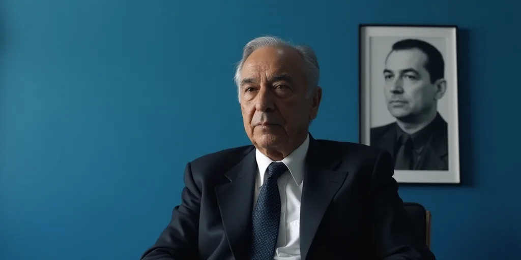 a man in a suit and tie sitting down with a blue background and a black and white photo of him, Cán
