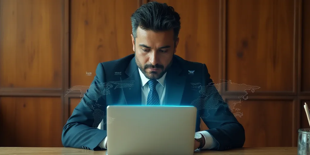 a man in a suit and tie sitting at a table with a laptop computer in front of him and a wooden wall