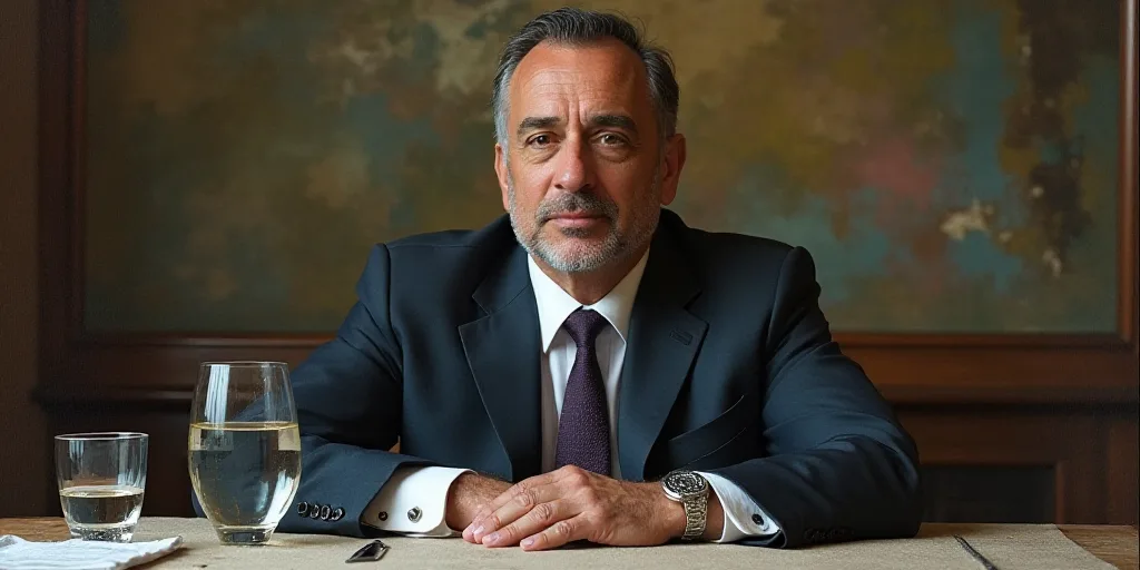 a man in a suit and tie sitting at a table with a glass of water in front of him, Bernard Accama, th