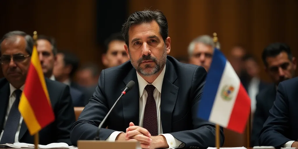 a man in a suit and tie sitting at a table with flags in front of him and a microphone in front of h