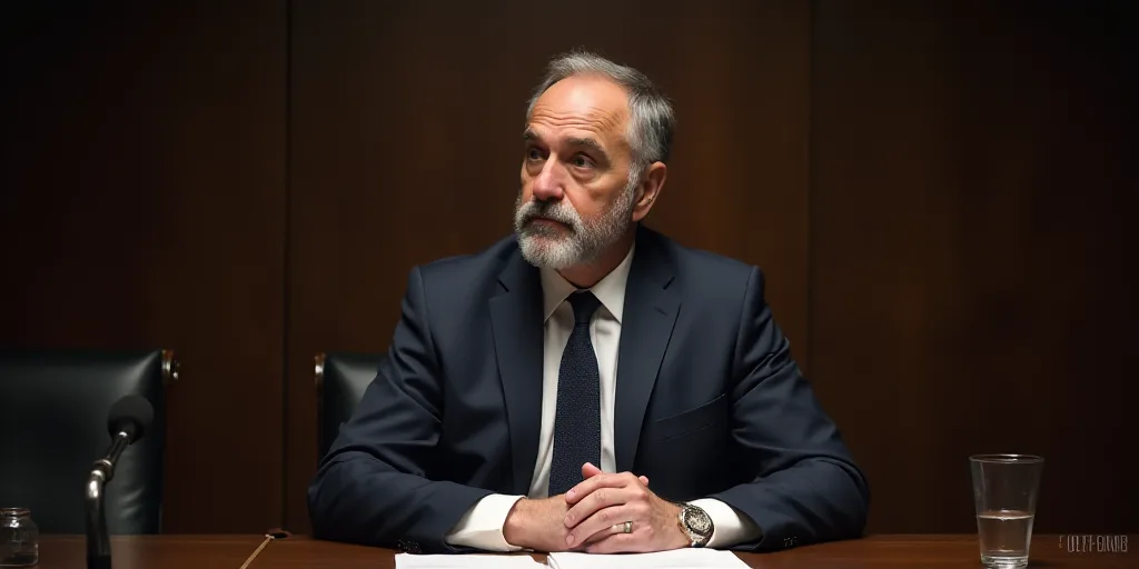 a man in a suit and tie sitting at a table with a microphone in front of him and a microphone in fro