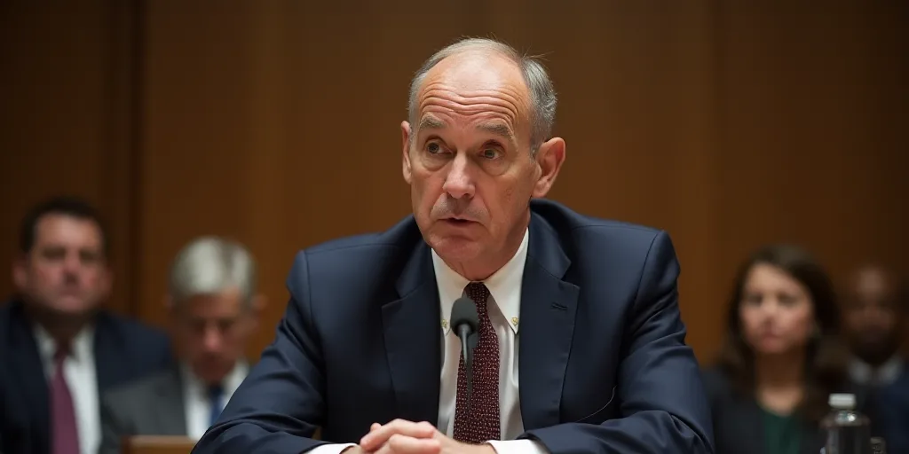 a man in a suit and tie sitting in front of a microphone with other people behind him in a courtroom