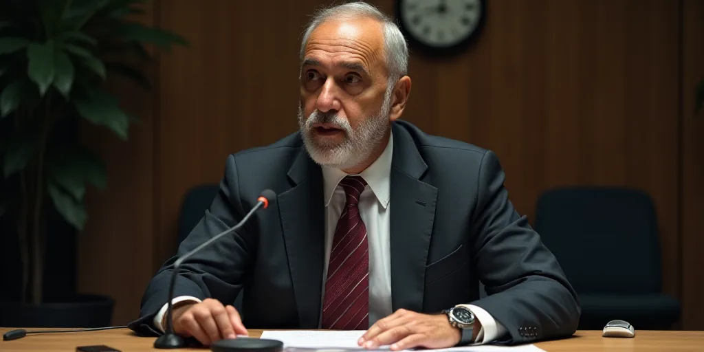 a man in a suit and tie sitting at a table with a microphone in front of him and a microphone in fro