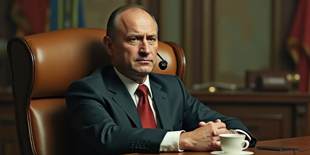 a man in a suit and tie sitting in a chair with a microphone in his ear and a cup of coffee in front