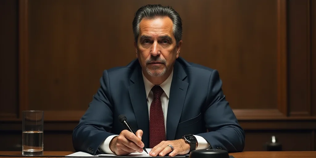 a man in a suit and tie sitting at a table with a microphone in front of him and a microphone in fro
