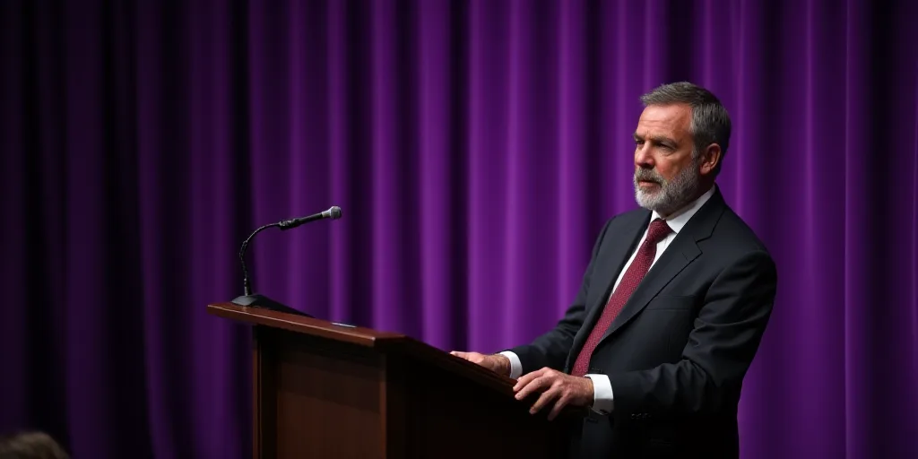 a man in a suit and tie sitting at a podium with a purple background and a purple curtain behind him