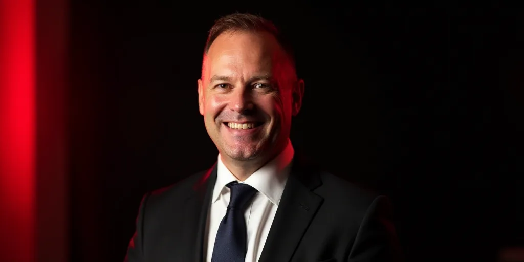a man in a suit and tie smiling at the camera with a red light behind him and a black background, Ea